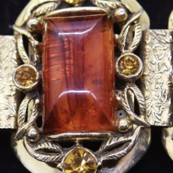 Vintage 1950s Selro Art Deco Tortoise Shell Lucite Bracelet Gold Tone & Stones - Picture 2 of 6